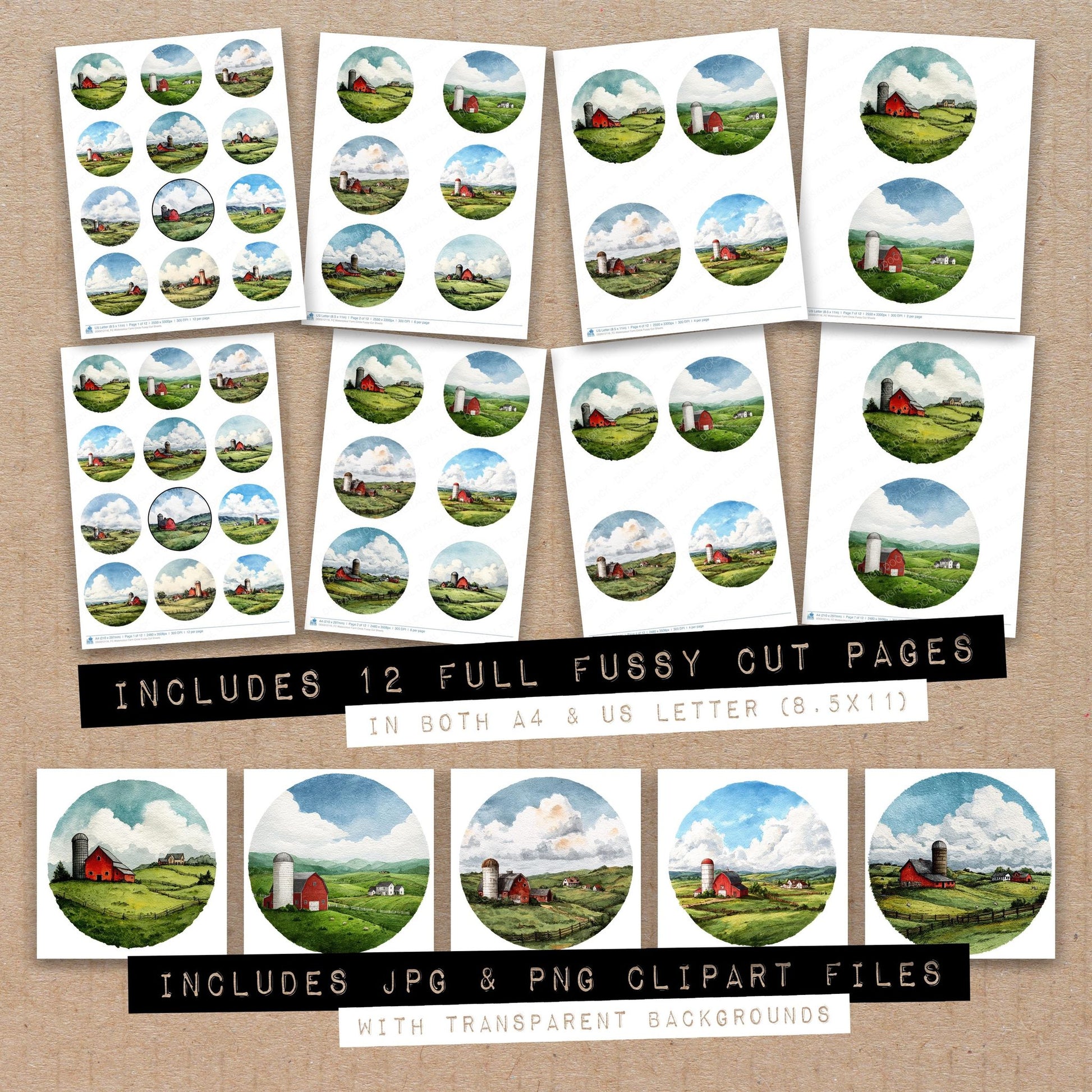 Full collection view of Watercolour Farm Circle fussy cut sheets with bonus clipart JPG and PNG files
