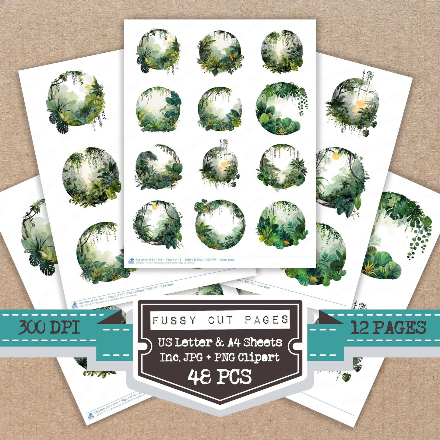 Watercolour Jungle Circle fussy cut printable sheets for junk journaling, scrapbooking, and paper craft projects