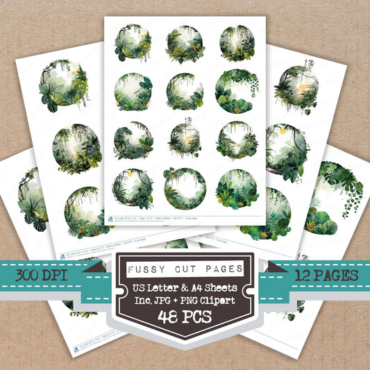 Watercolour Jungle Circle fussy cut printable sheets for junk journaling, scrapbooking, and paper craft projects