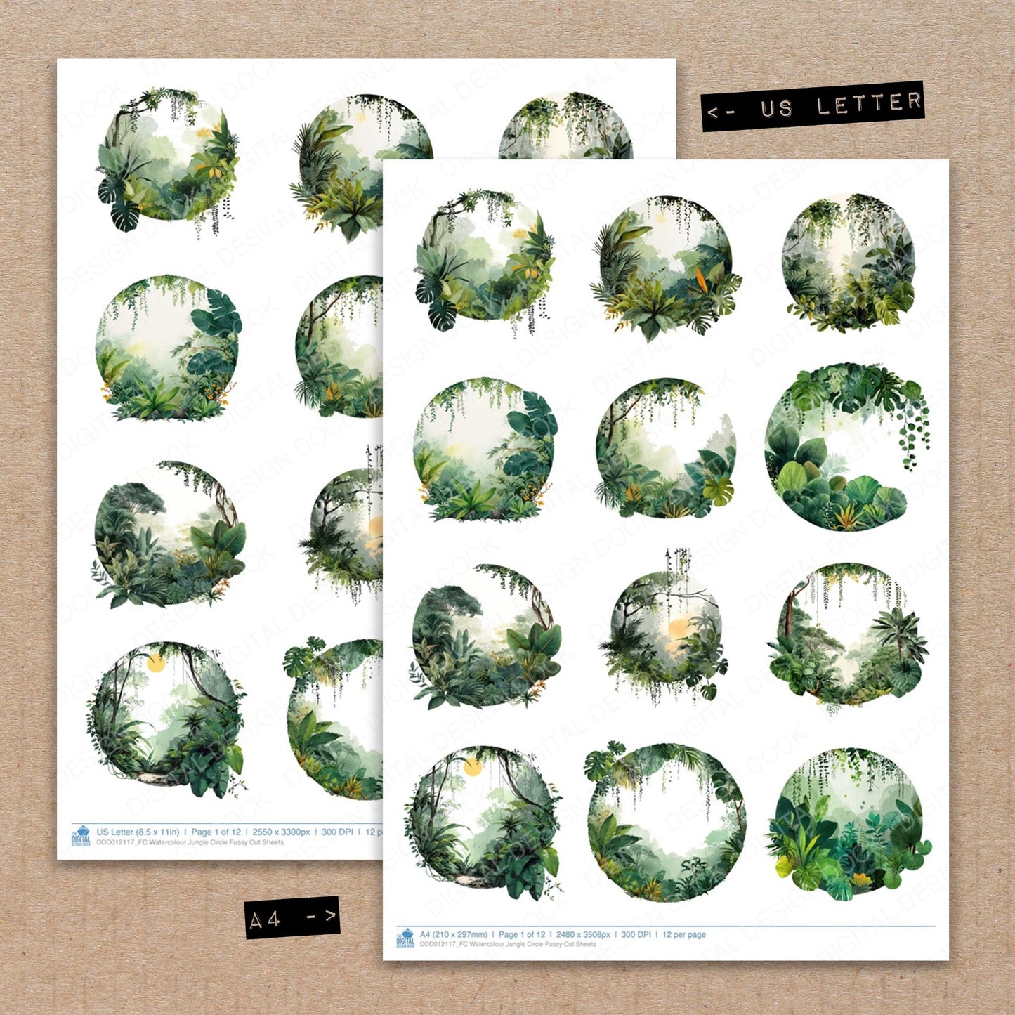 A4 and US Letter format comparison showing Watercolour Jungle Circle fussy cut pages for print and cut crafting