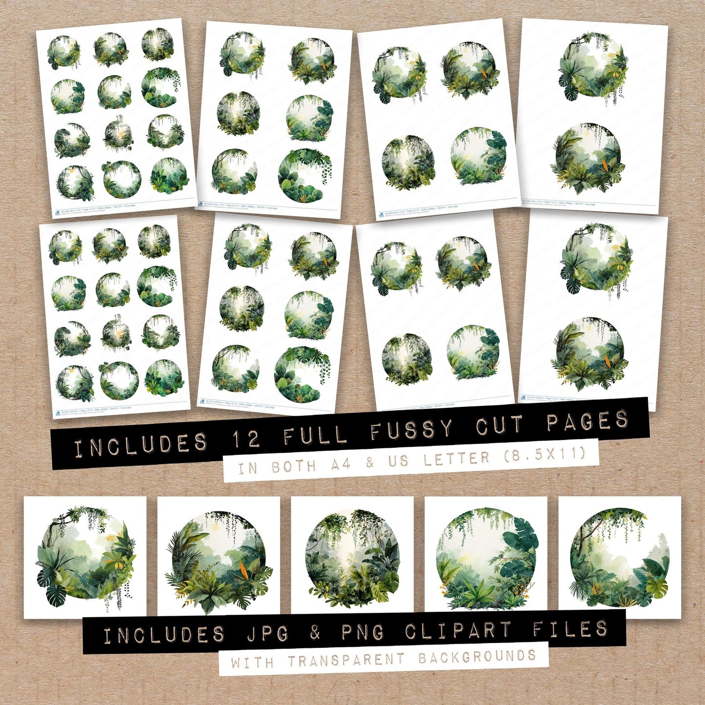 Full collection view of Watercolour Jungle Circle fussy cut sheets with bonus clipart JPG and PNG files