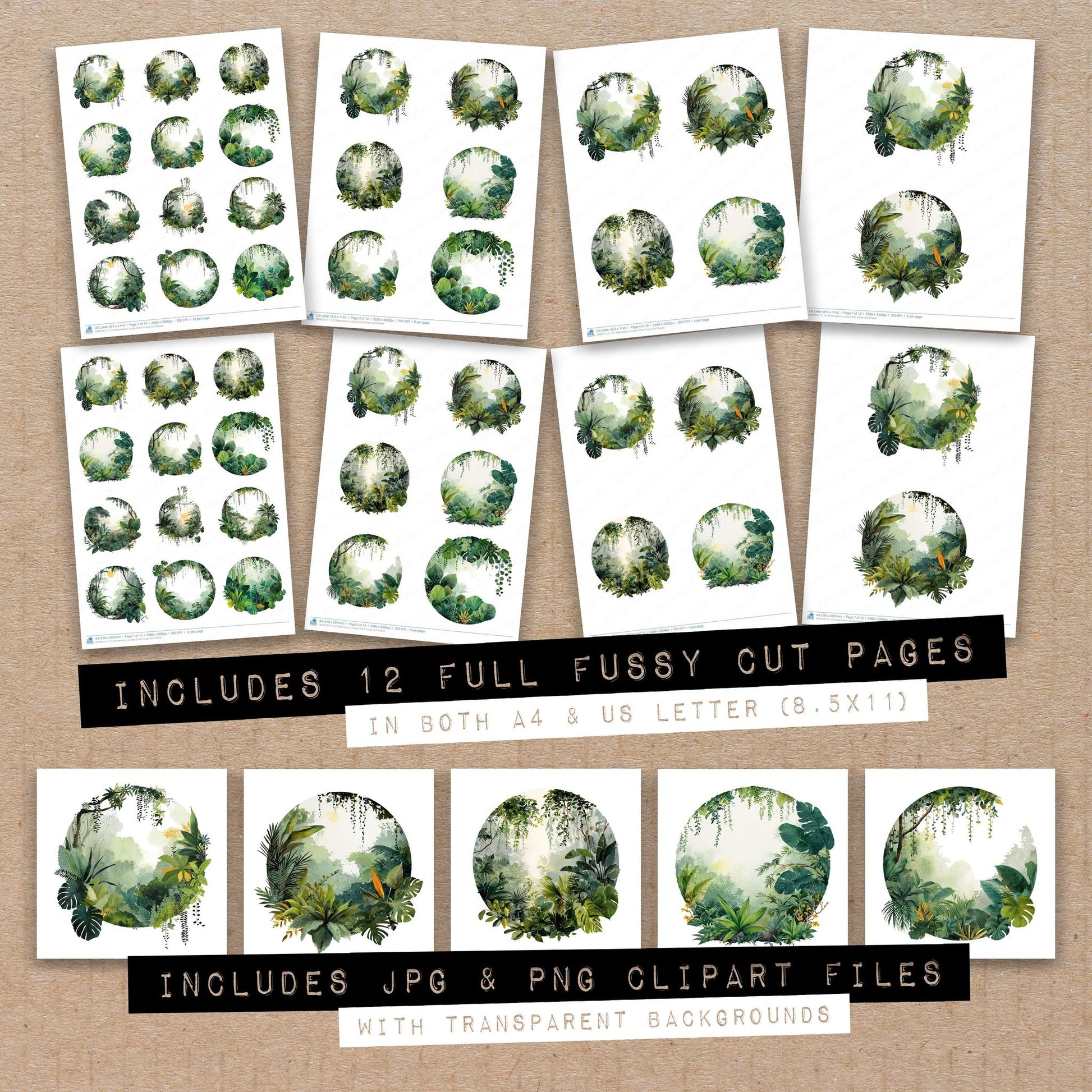 Full collection view of Watercolour Jungle Circle fussy cut sheets with bonus clipart JPG and PNG files