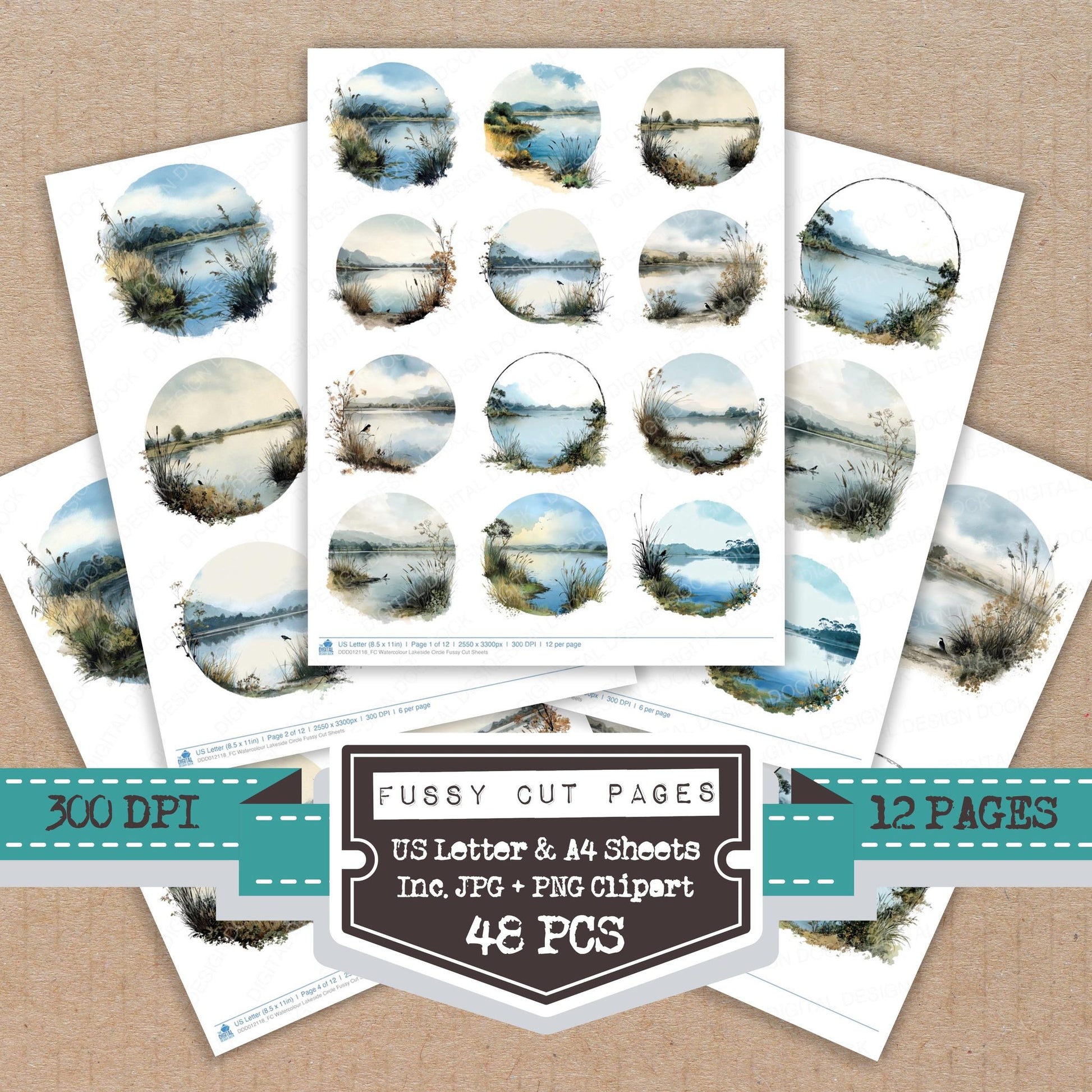 Watercolour Lakeside Circle fussy cut printable sheets for junk journaling, scrapbooking, and paper craft projects