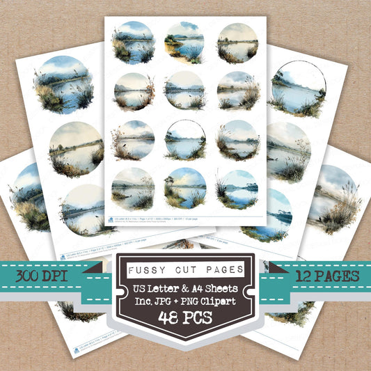 Watercolour Lakeside Circle fussy cut printable sheets for junk journaling, scrapbooking, and paper craft projects