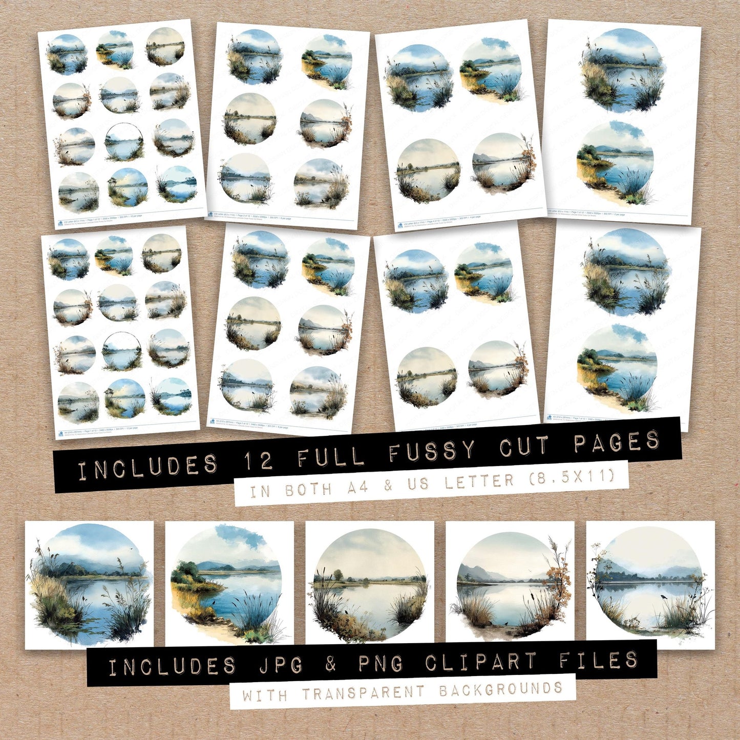 Full collection view of Watercolour Lakeside Circle fussy cut sheets with bonus clipart JPG and PNG files