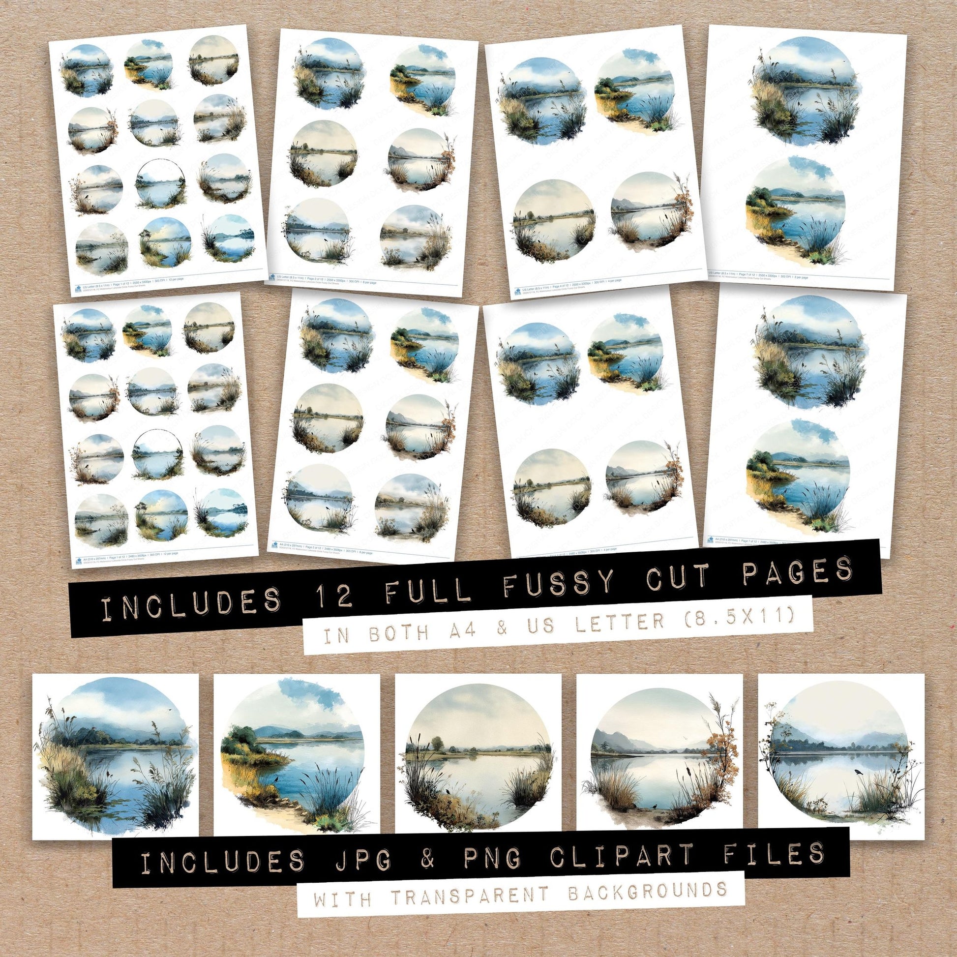 Full collection view of Watercolour Lakeside Circle fussy cut sheets with bonus clipart JPG and PNG files