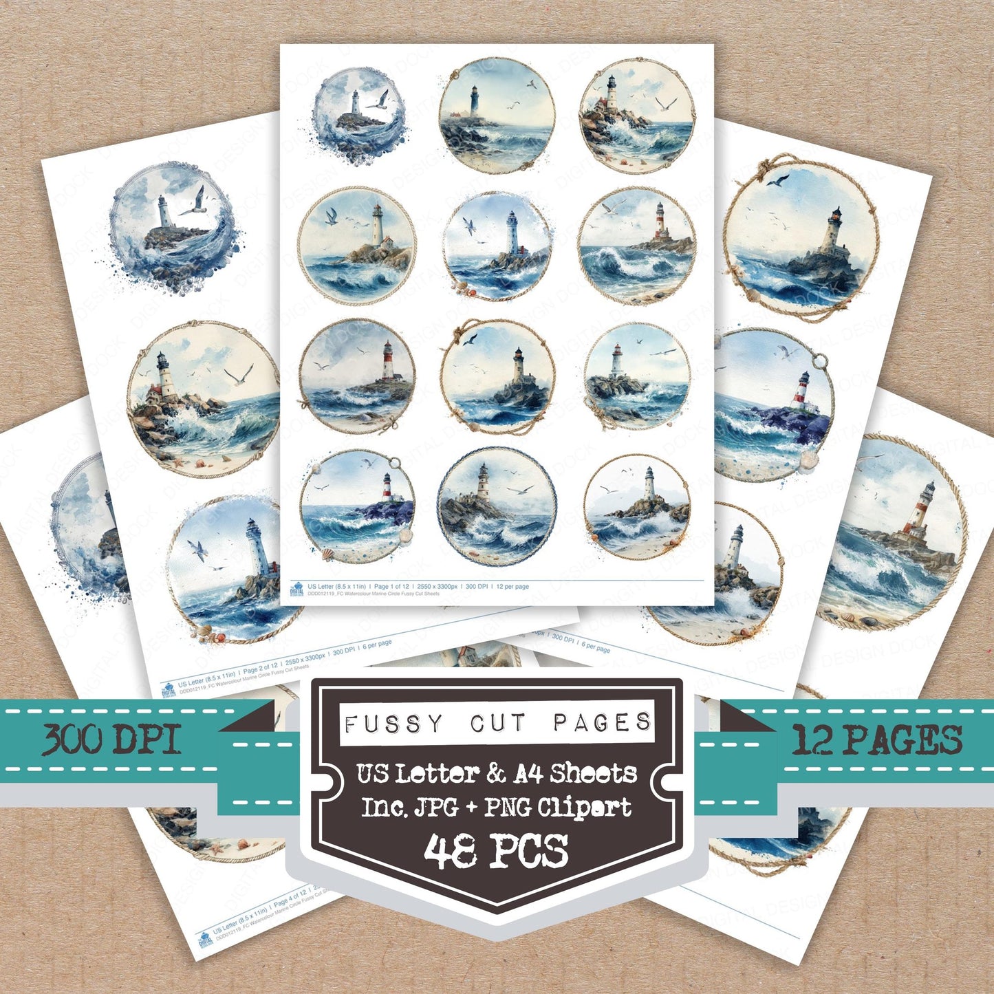 Watercolour Marine Circle fussy cut printable sheets for junk journaling, scrapbooking, and paper craft projects