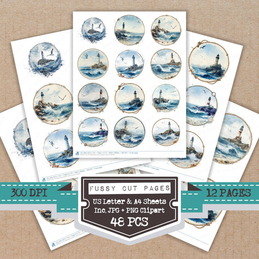 Watercolour Marine Circle fussy cut printable sheets for junk journaling, scrapbooking, and paper craft projects