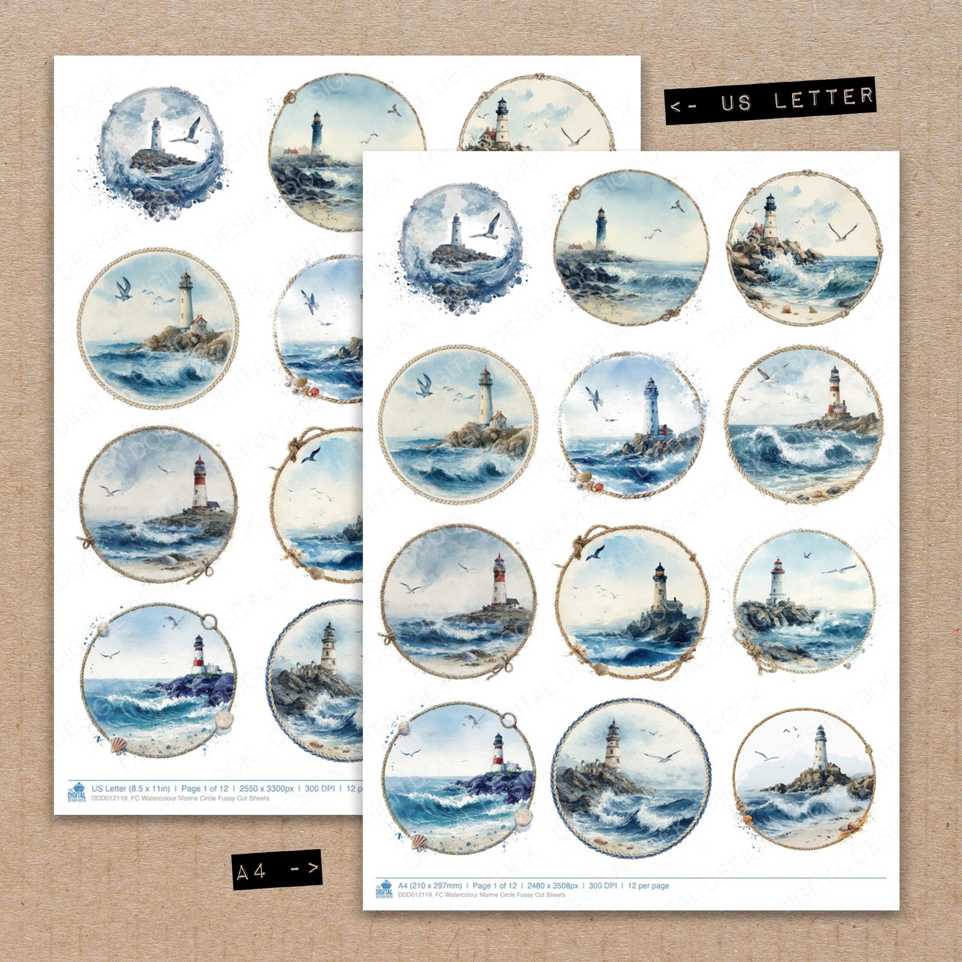 A4 and US Letter format comparison showing Watercolour Marine Circle fussy cut pages for print and cut crafting