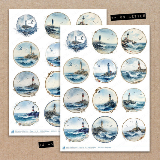 A4 and US Letter format comparison showing Watercolour Marine Circle fussy cut pages for print and cut crafting