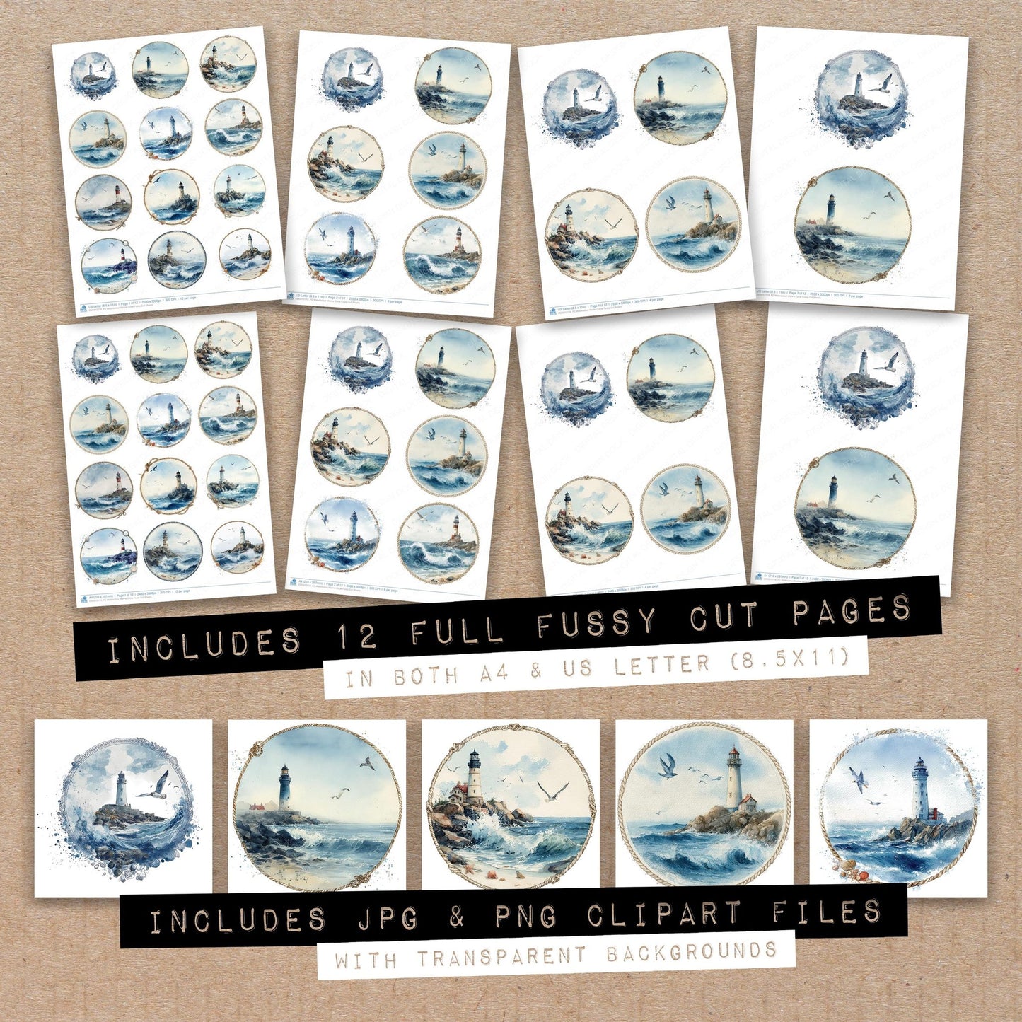 Full collection view of Watercolour Marine Circle fussy cut sheets with bonus clipart JPG and PNG files