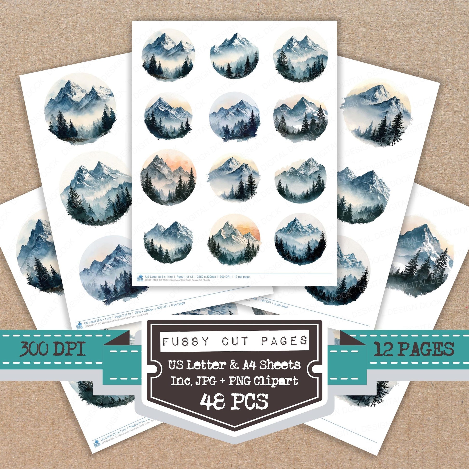 Watercolour Mountain Circle fussy cut printable sheets for junk journaling, scrapbooking, and paper craft projects