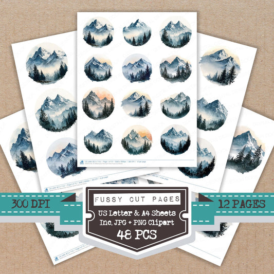 Watercolour Mountain Circle fussy cut printable sheets for junk journaling, scrapbooking, and paper craft projects