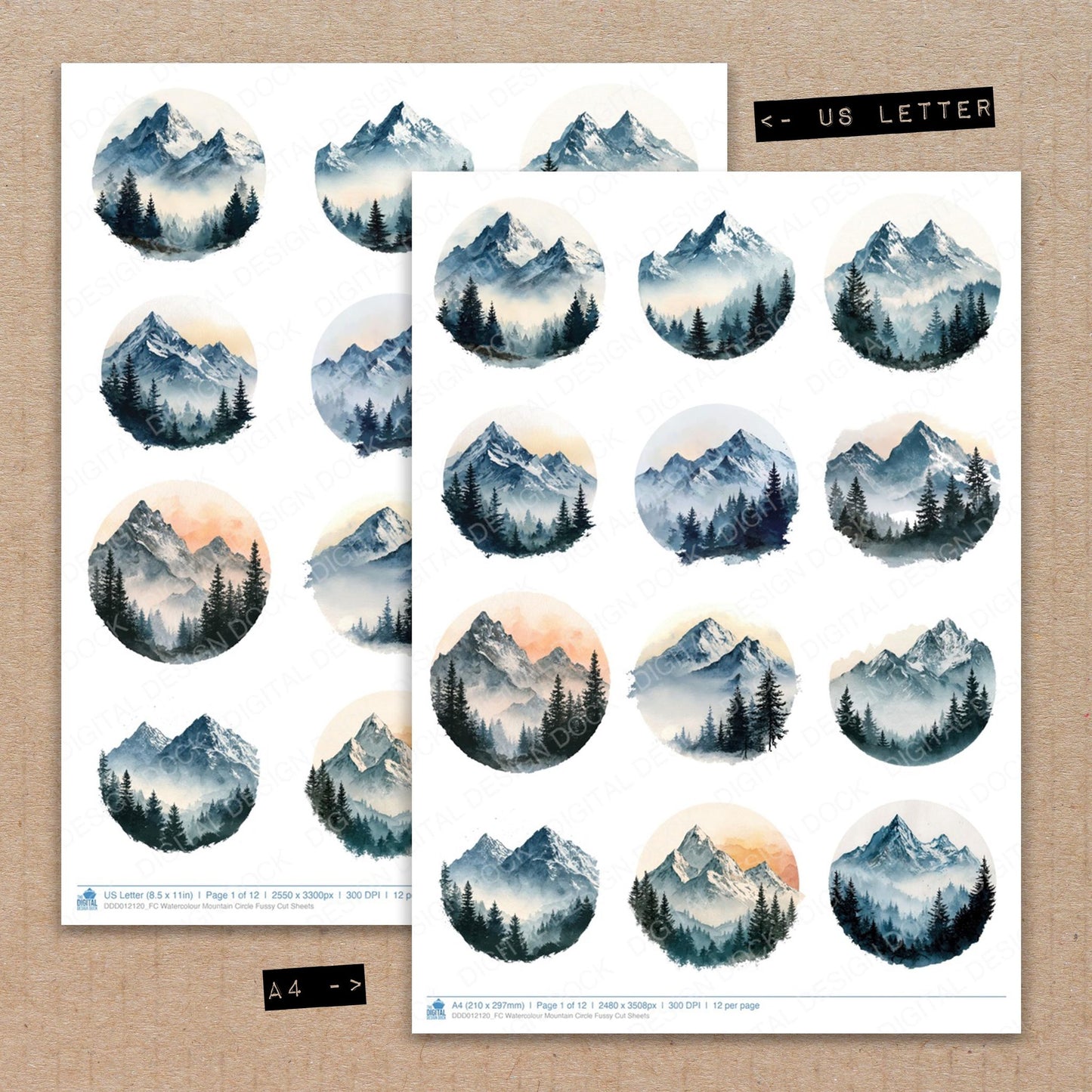 A4 and US Letter format comparison showing Watercolour Mountain Circle fussy cut pages for print and cut crafting