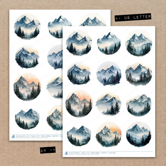 A4 and US Letter format comparison showing Watercolour Mountain Circle fussy cut pages for print and cut crafting