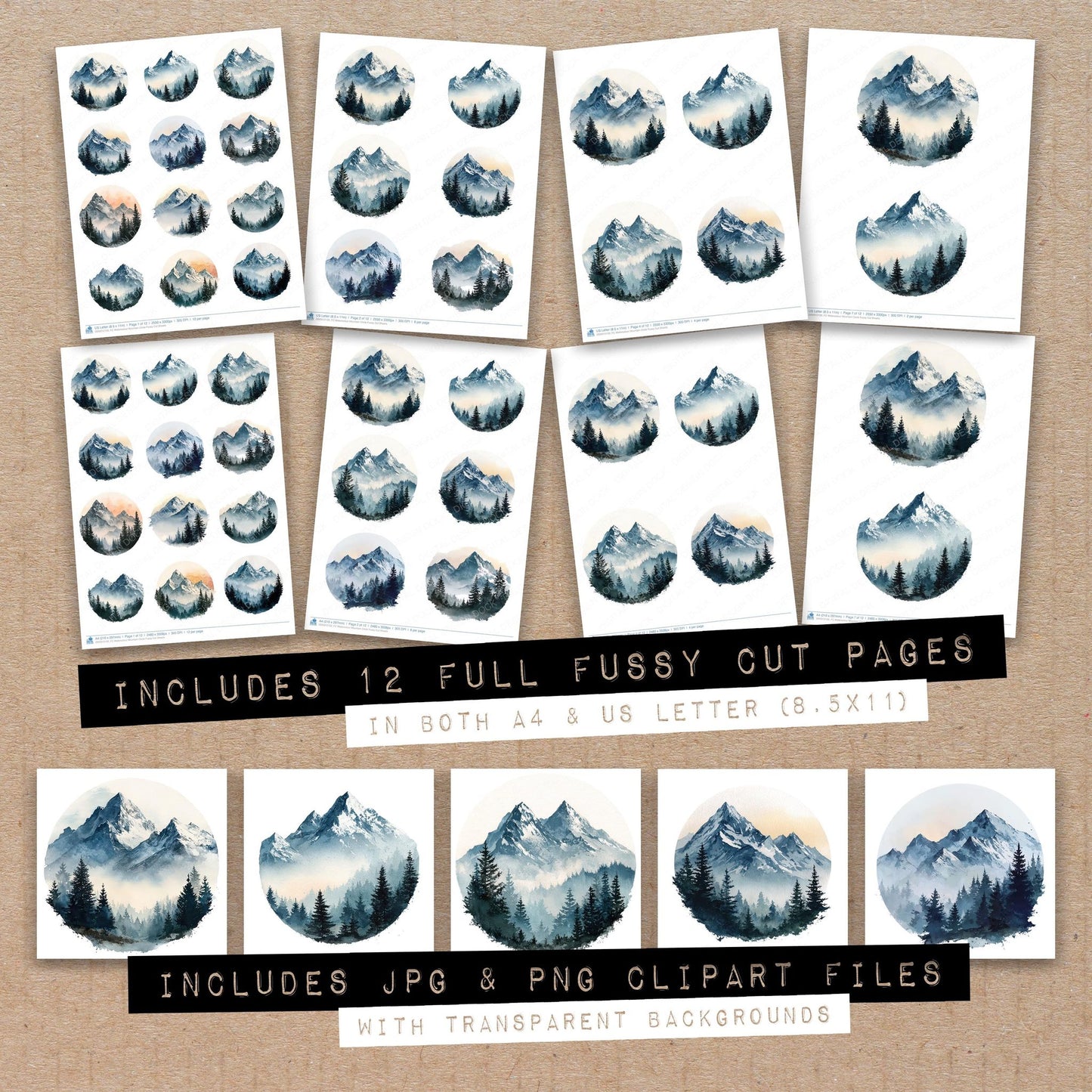 Full collection view of Watercolour Mountain Circle fussy cut sheets with bonus clipart JPG and PNG files