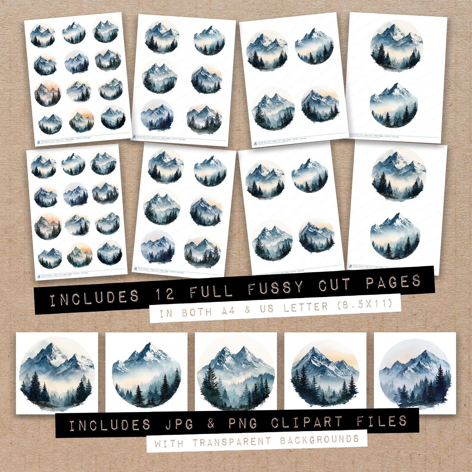 Full collection view of Watercolour Mountain Circle fussy cut sheets with bonus clipart JPG and PNG files