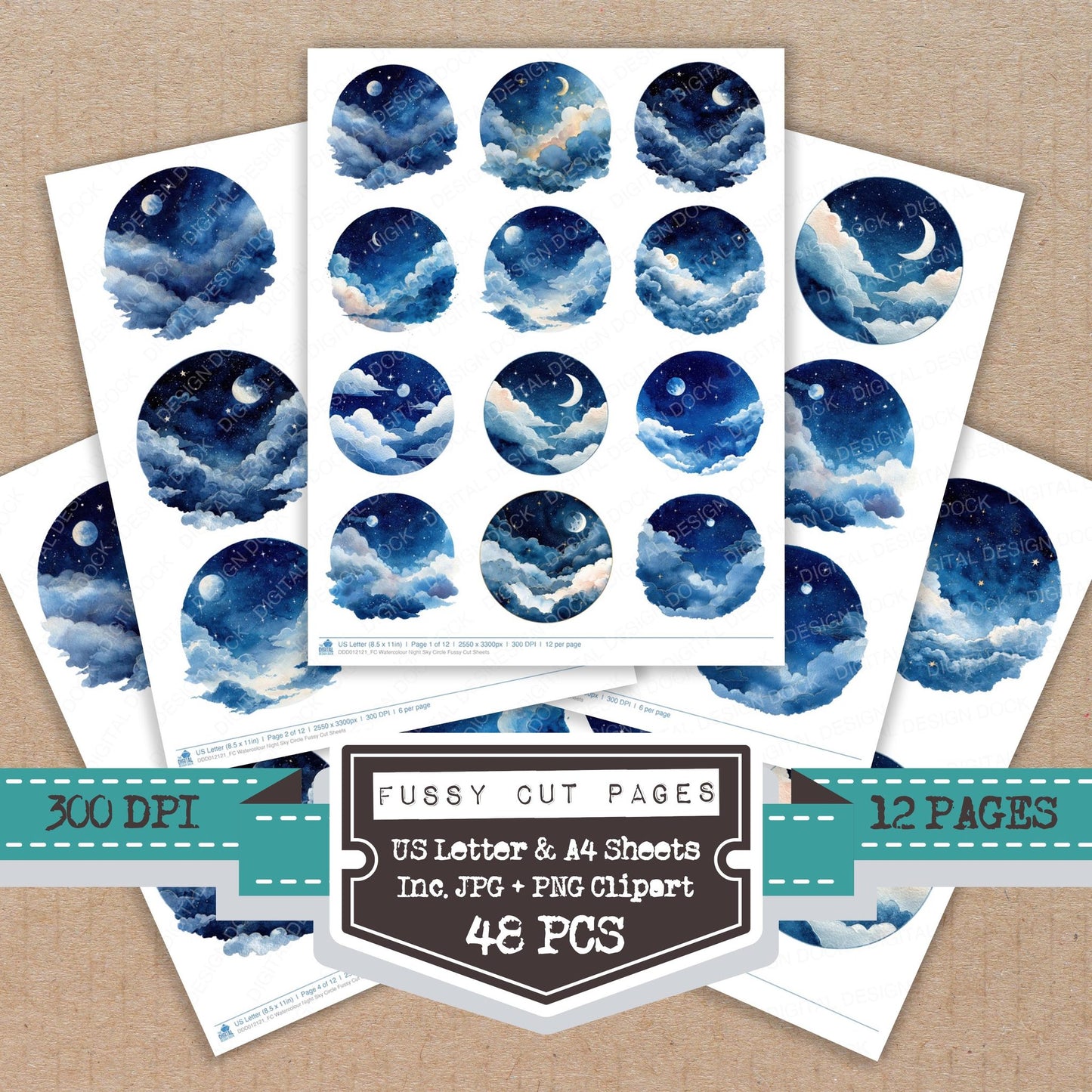 Watercolour Night Sky Circle fussy cut printable sheets for junk journaling, scrapbooking, and paper craft projects