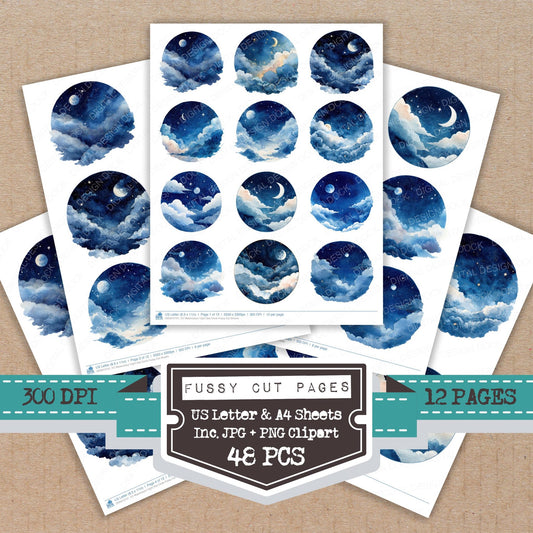 Watercolour Night Sky Circle fussy cut printable sheets for junk journaling, scrapbooking, and paper craft projects