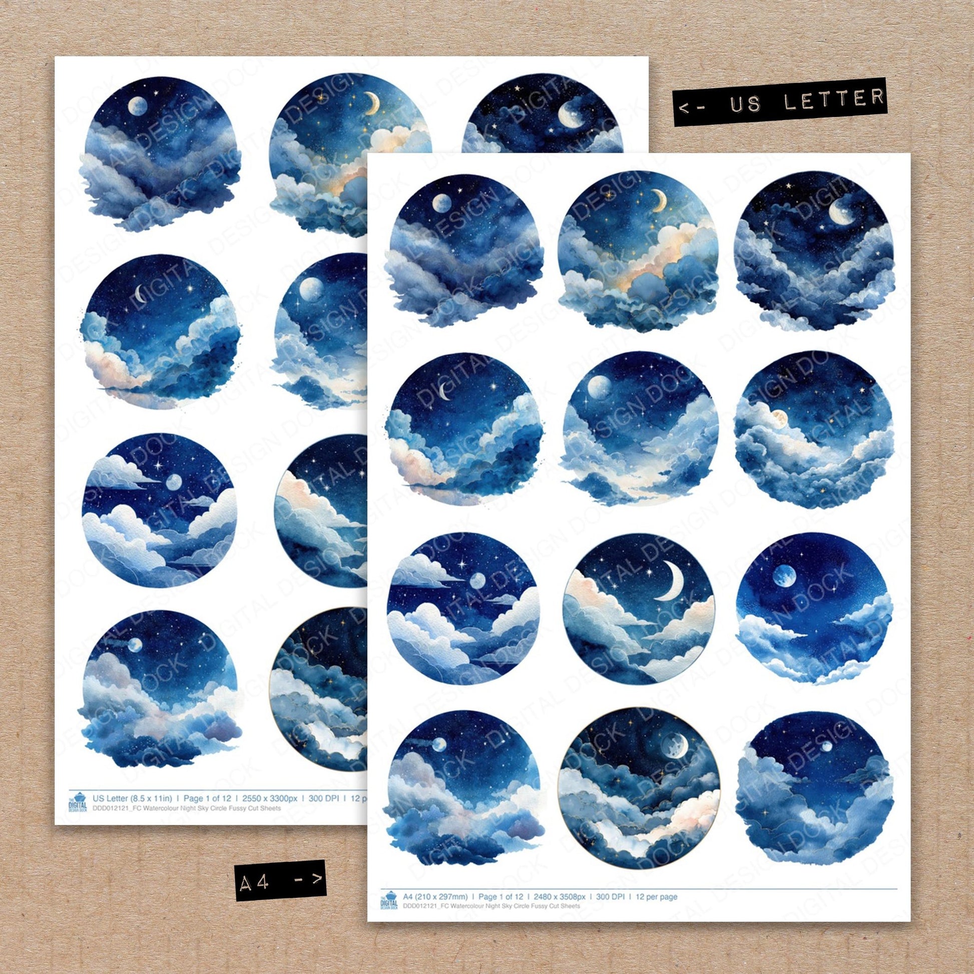 A4 and US Letter format comparison showing Watercolour Night Sky Circle fussy cut pages for print and cut crafting