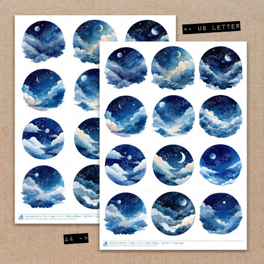 A4 and US Letter format comparison showing Watercolour Night Sky Circle fussy cut pages for print and cut crafting
