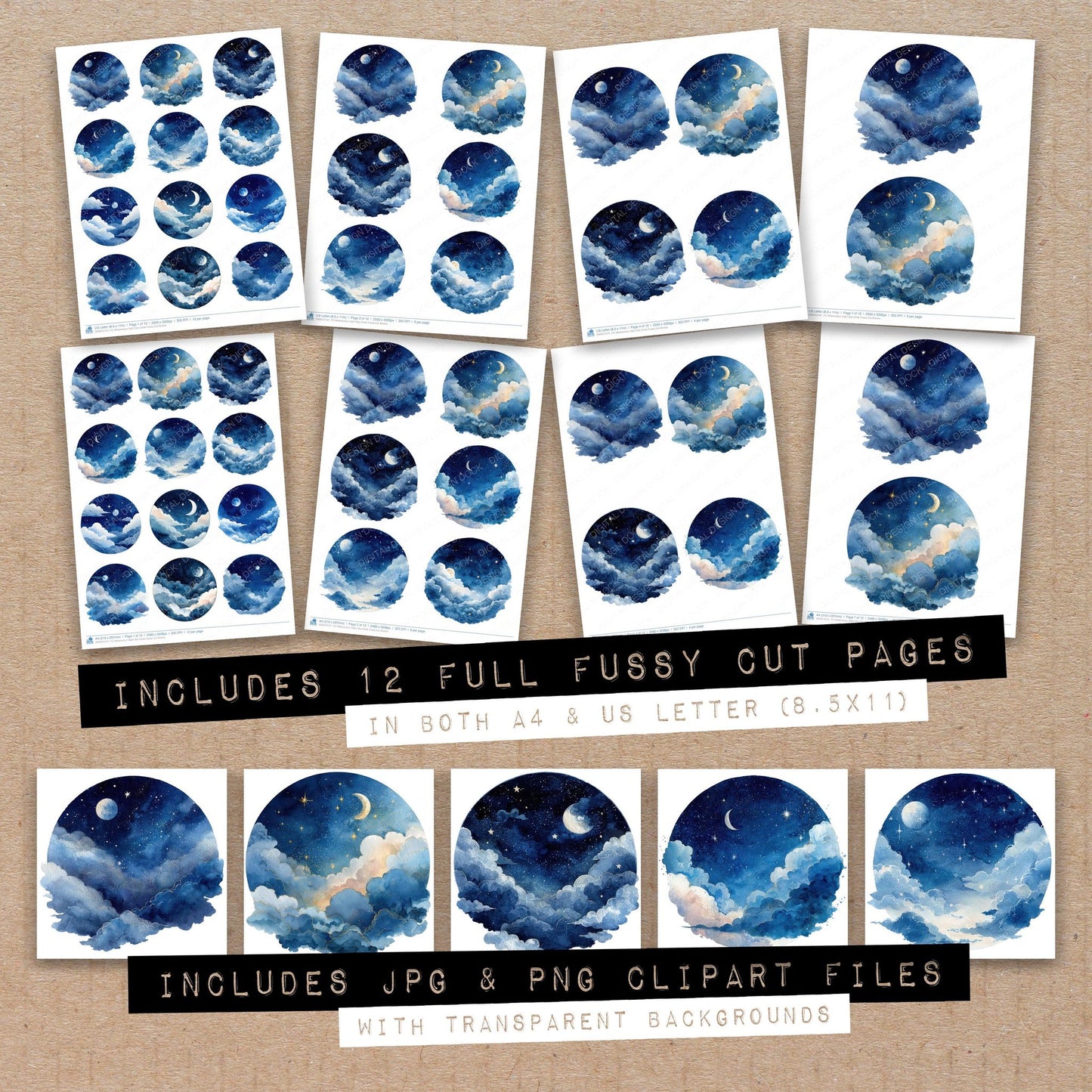 Full collection view of Watercolour Night Sky Circle fussy cut sheets with bonus clipart JPG and PNG files