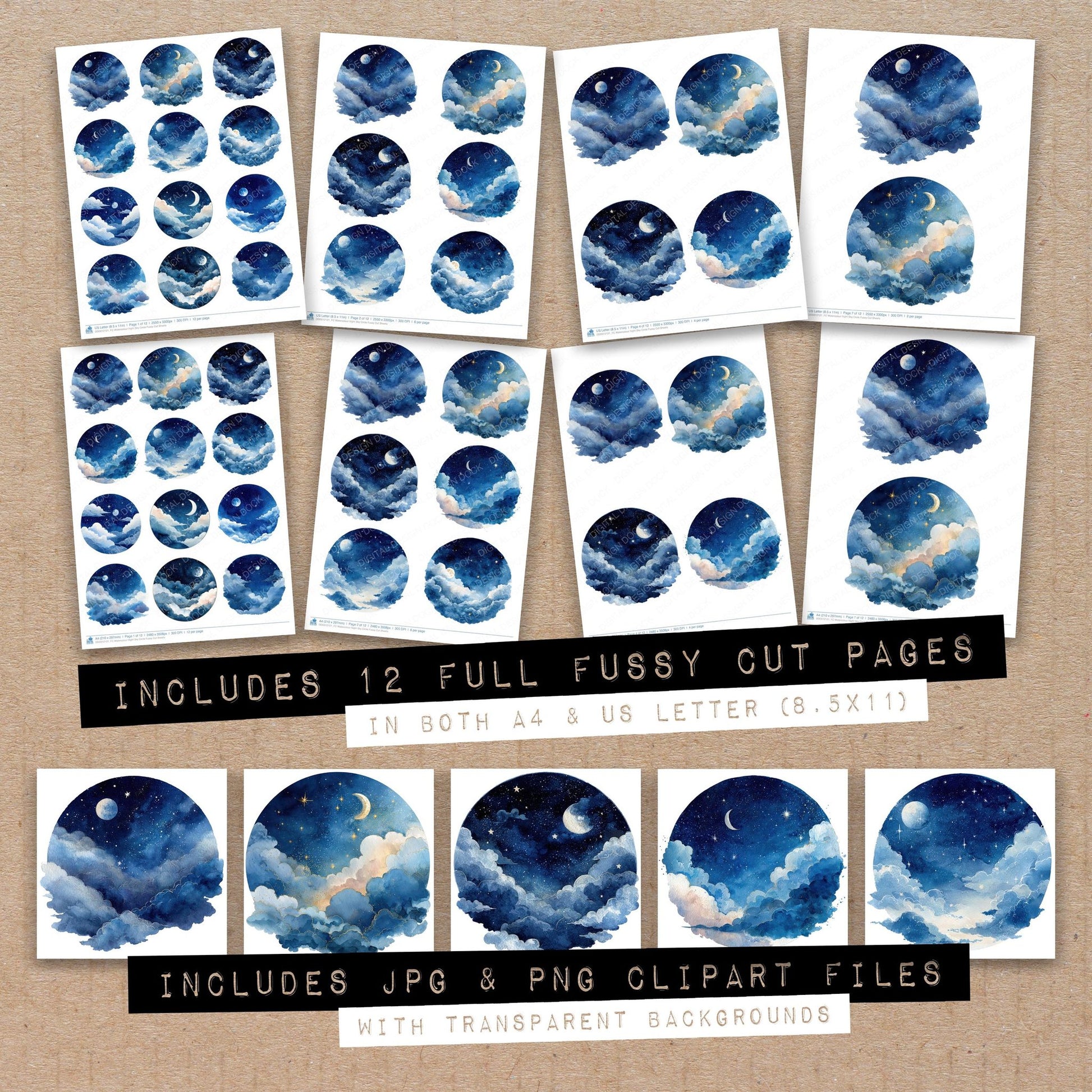 Full collection view of Watercolour Night Sky Circle fussy cut sheets with bonus clipart JPG and PNG files