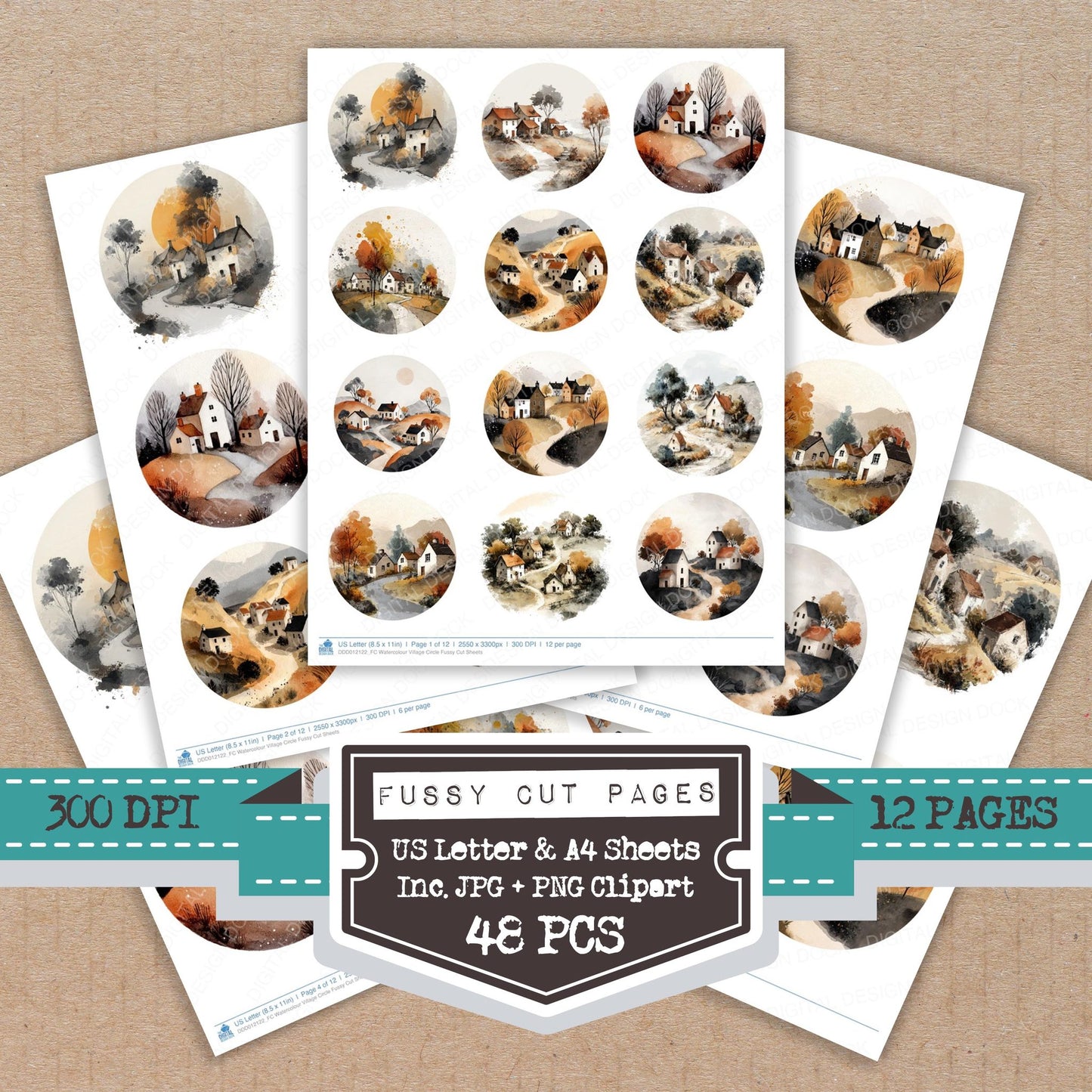 Watercolour Village Circle fussy cut printable sheets for junk journaling, scrapbooking, and paper craft projects