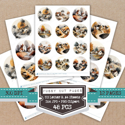 Watercolour Village Circle fussy cut printable sheets for junk journaling, scrapbooking, and paper craft projects