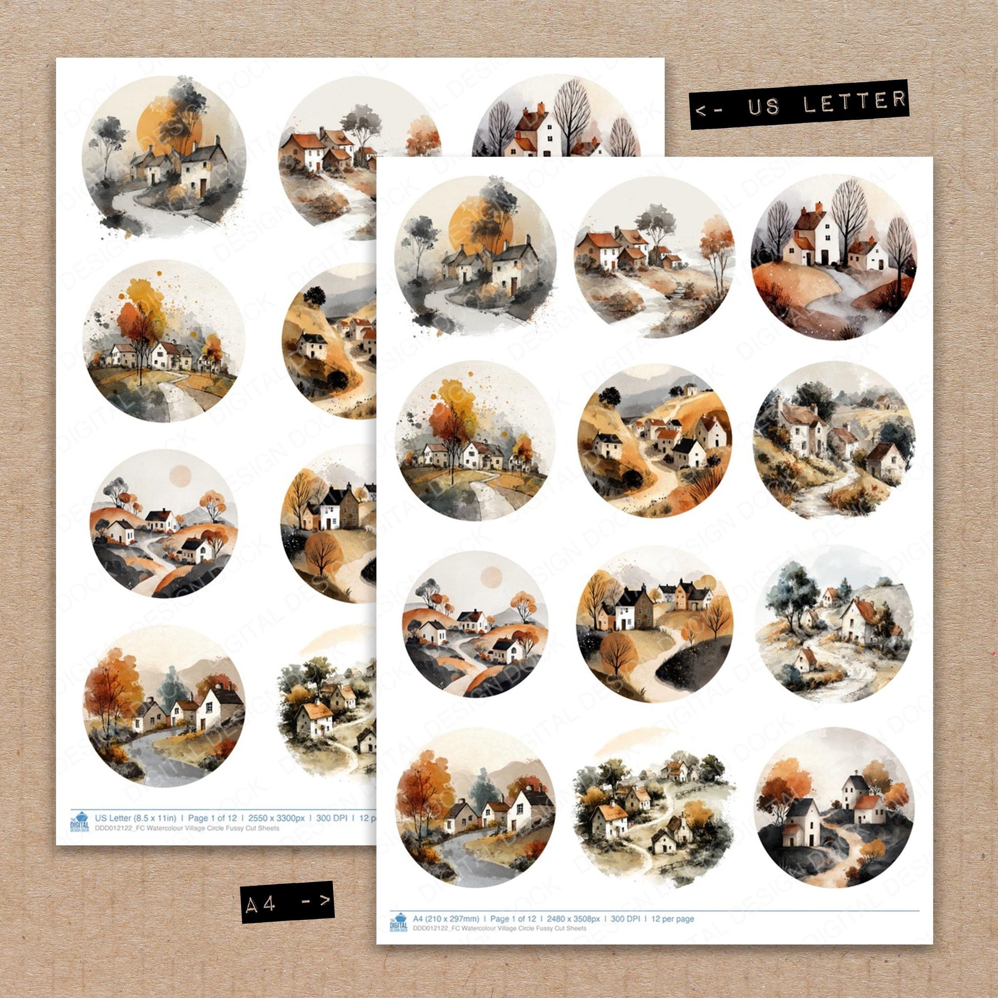 A4 and US Letter format comparison showing Watercolour Village Circle fussy cut pages for print and cut crafting