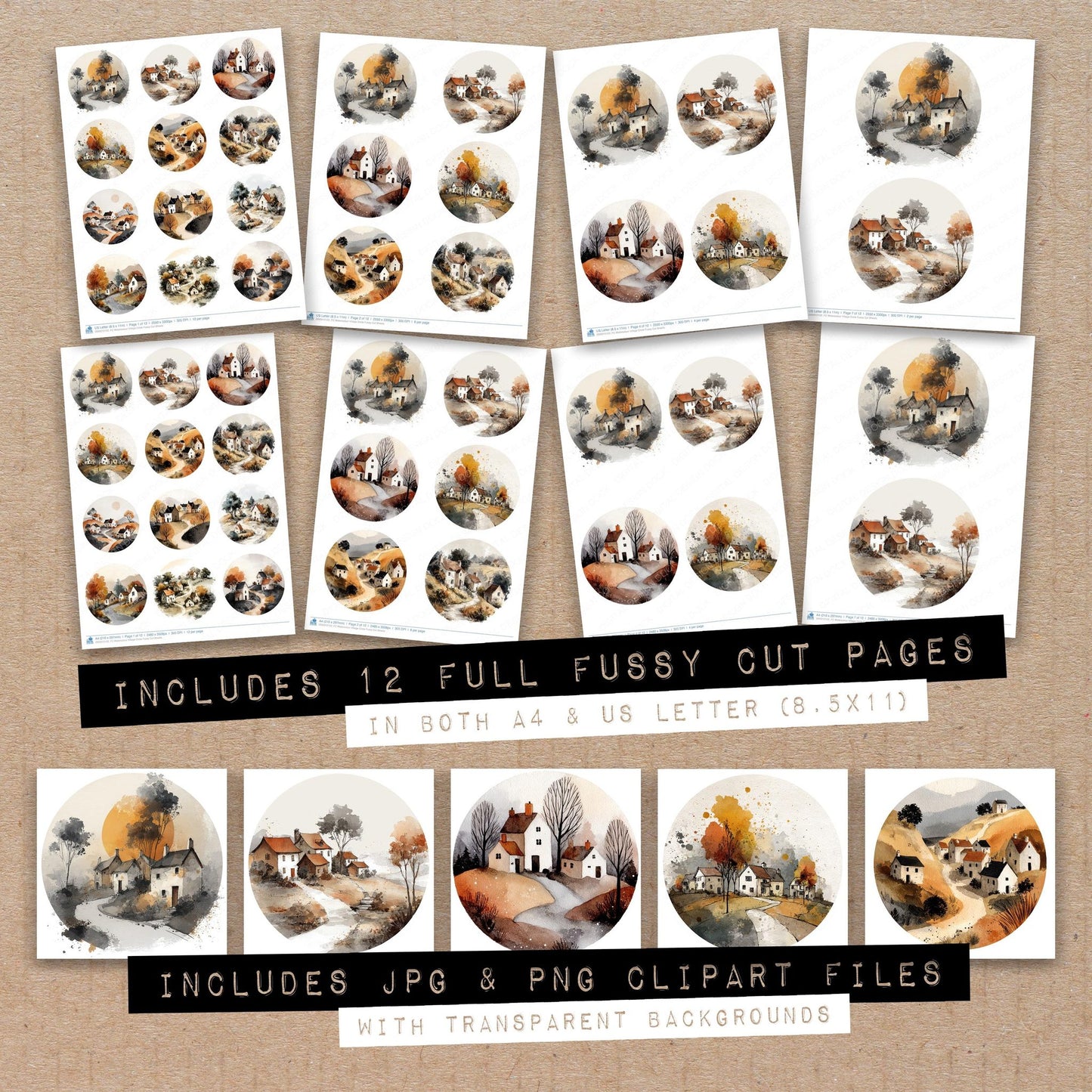 Full collection view of Watercolour Village Circle fussy cut sheets with bonus clipart JPG and PNG files