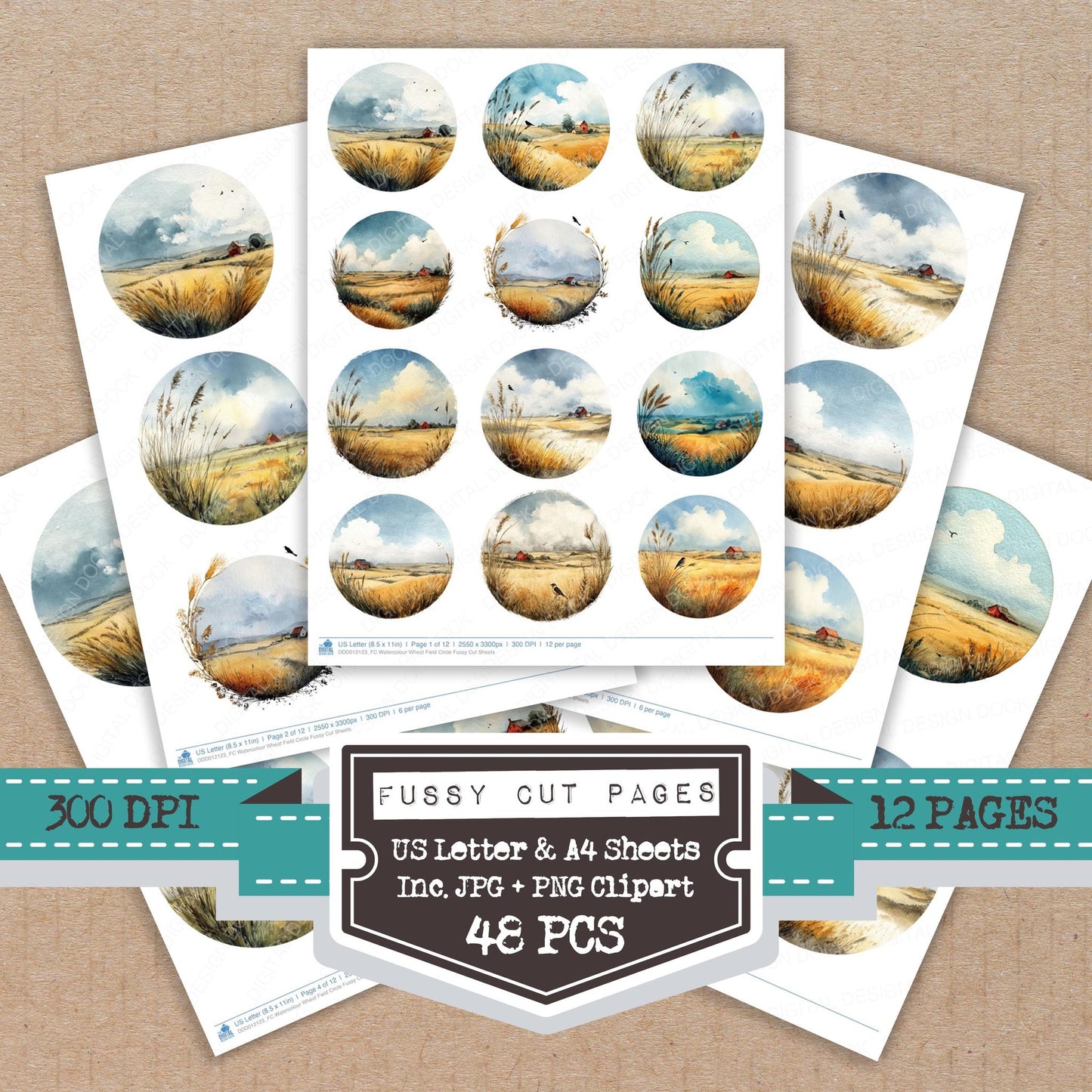 Watercolour Wheat Field Circle fussy cut printable sheets for junk journaling, scrapbooking, and paper craft projects