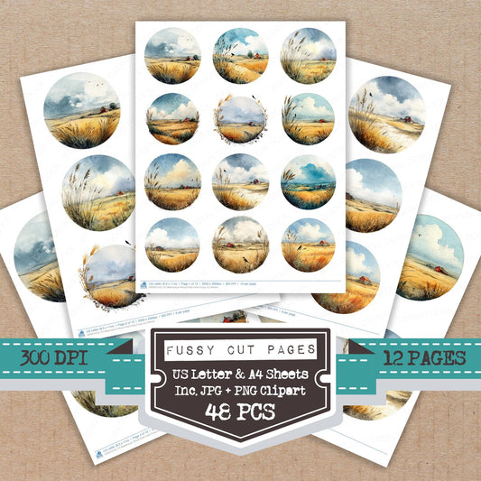 Watercolour Wheat Field Circle fussy cut printable sheets for junk journaling, scrapbooking, and paper craft projects