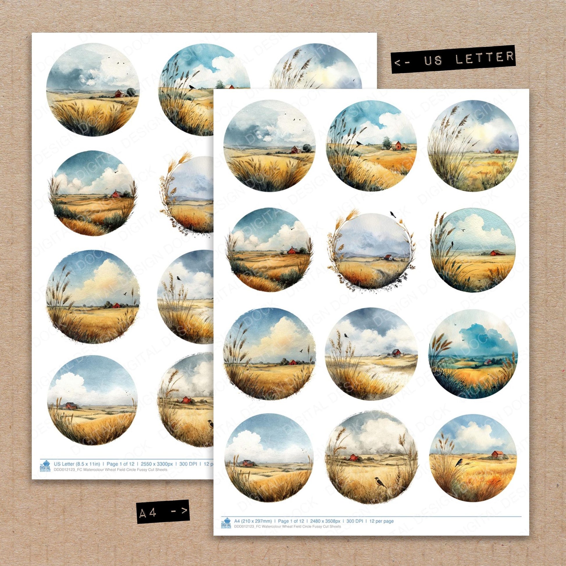 A4 and US Letter format comparison showing Watercolour Wheat Field Circle fussy cut pages for print and cut crafting