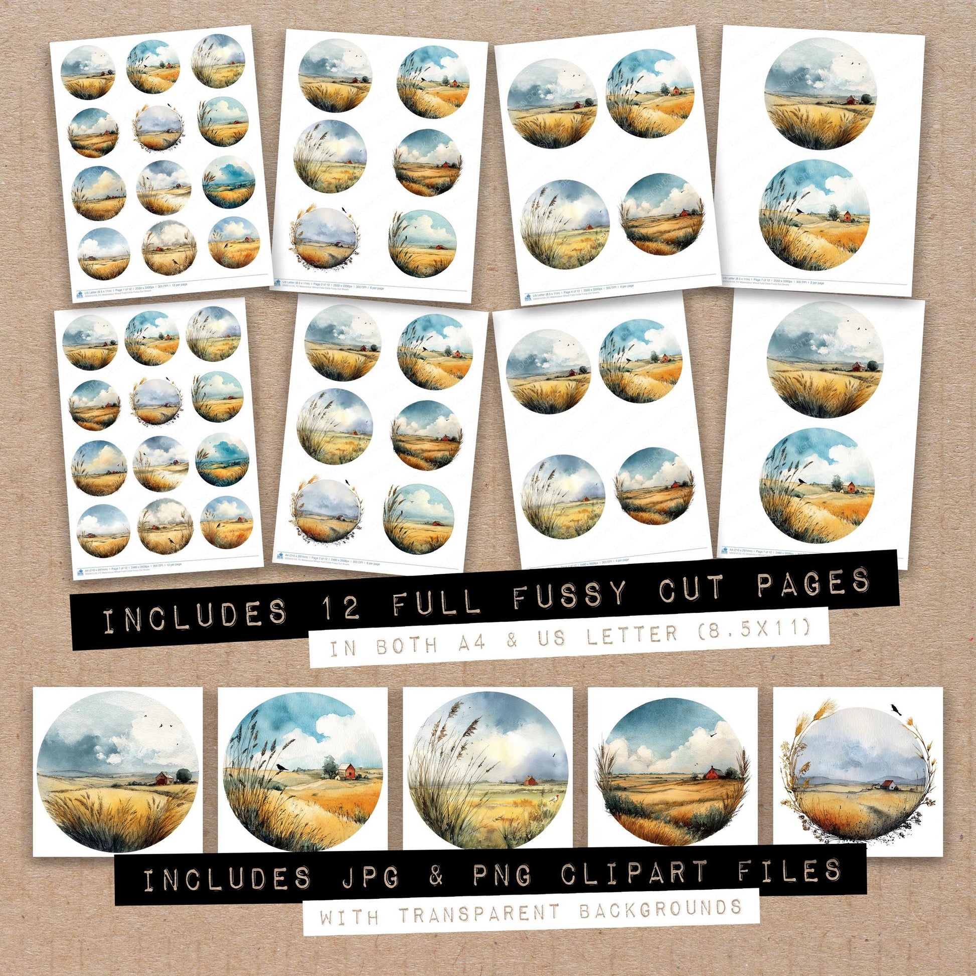 Full collection view of Watercolour Wheat Field Circle fussy cut sheets with bonus clipart JPG and PNG files
