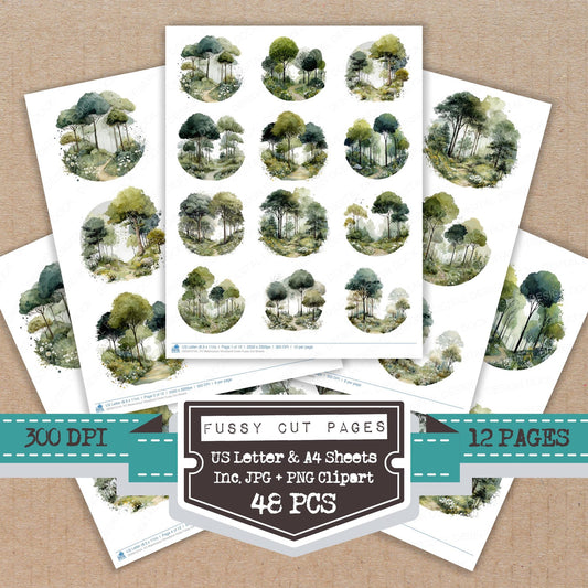 Watercolour Woodland Circle fussy cut printable sheets for junk journaling, scrapbooking, and paper craft projects