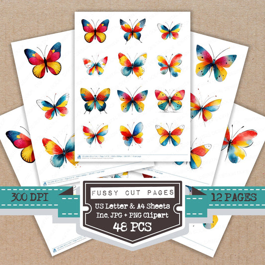 Butterfly Illustration fussy cut printable sheets for junk journaling, scrapbooking, and paper craft projects
