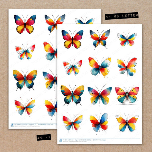 A4 and US Letter format comparison showing Butterfly Illustration fussy cut pages for print and cut crafting