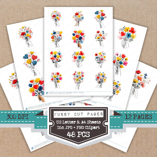 Hand Held Wildflower Bouquet fussy cut printable sheets for junk journaling, scrapbooking, and paper craft projects