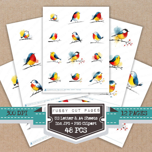 Little Bird Illustration fussy cut printable sheets for junk journaling, scrapbooking, and paper craft projects