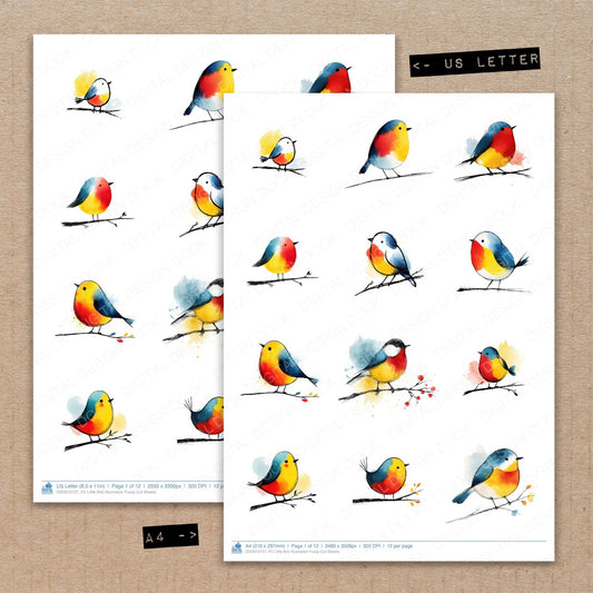 A4 and US Letter format comparison showing Little Bird Illustration fussy cut pages for print and cut crafting