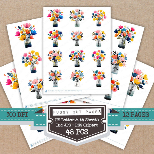 Minimal Jar Flower Bouquet fussy cut printable sheets for junk journaling, scrapbooking, and paper craft projects