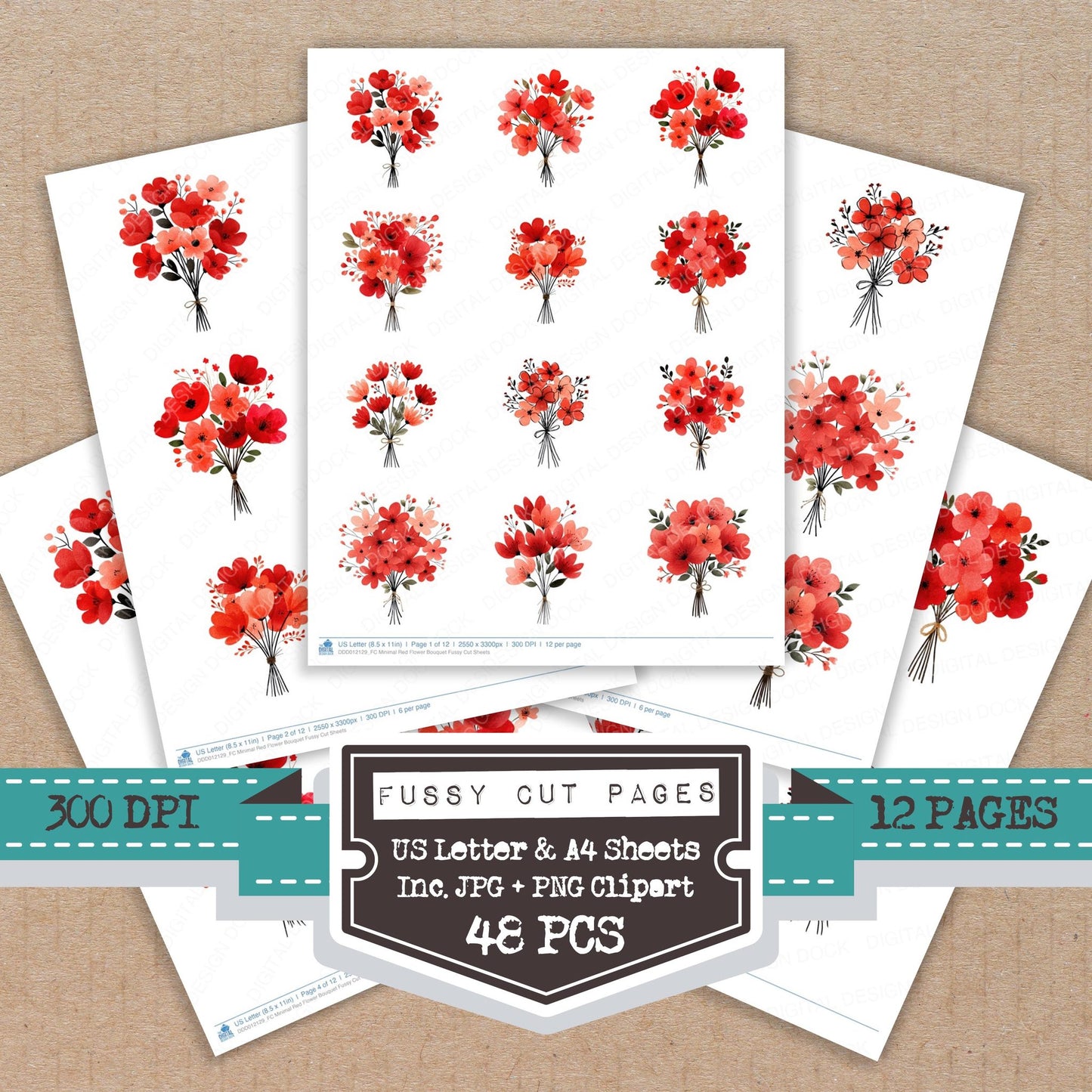 Minimal Red Flower Bouquet fussy cut printable sheets for junk journaling, scrapbooking, and paper craft projects