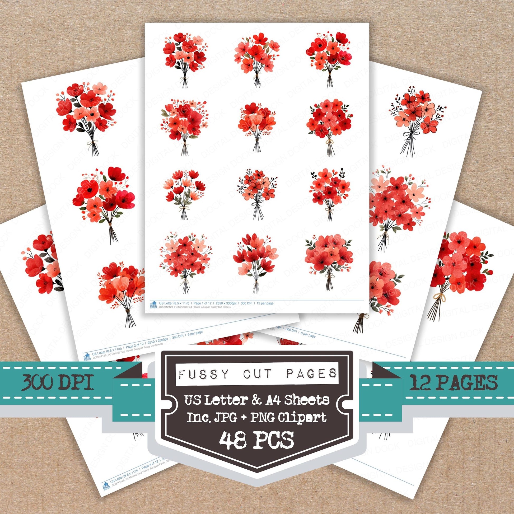 Minimal Red Flower Bouquet fussy cut printable sheets for junk journaling, scrapbooking, and paper craft projects