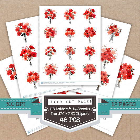 Minimal Red Flower Bouquet fussy cut printable sheets for junk journaling, scrapbooking, and paper craft projects