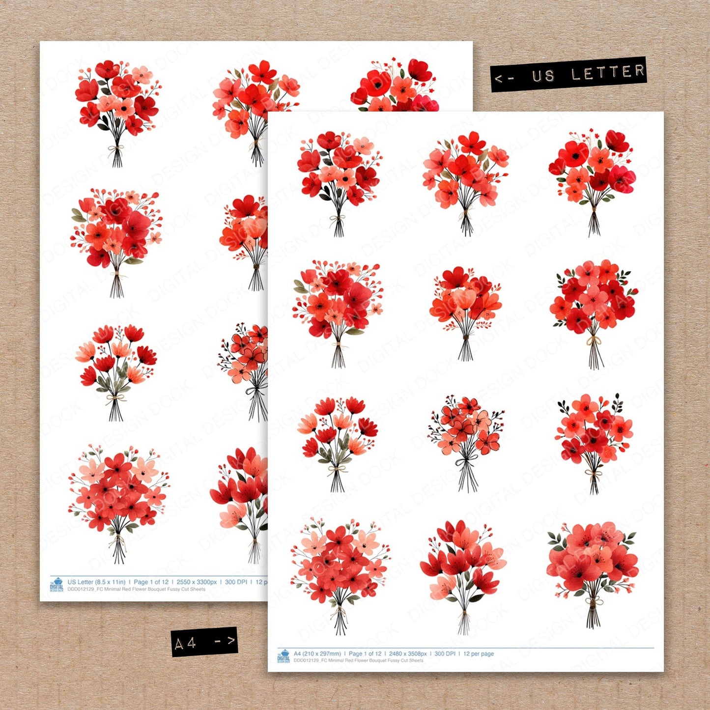 A4 and US Letter format comparison showing Minimal Red Flower Bouquet fussy cut pages for print and cut crafting