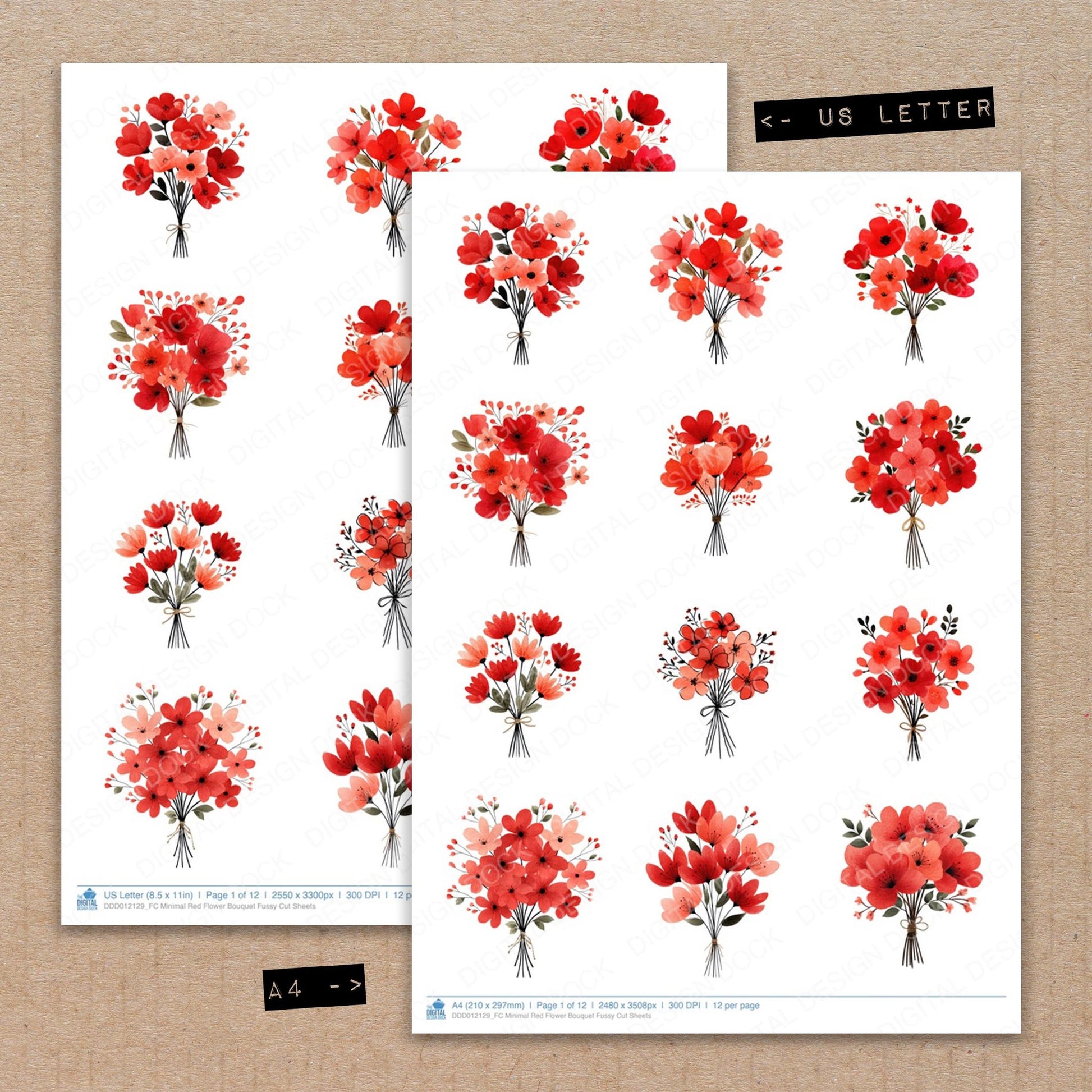 A4 and US Letter format comparison showing Minimal Red Flower Bouquet fussy cut pages for print and cut crafting