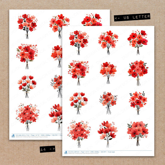 A4 and US Letter format comparison showing Minimal Red Flower Bouquet fussy cut pages for print and cut crafting