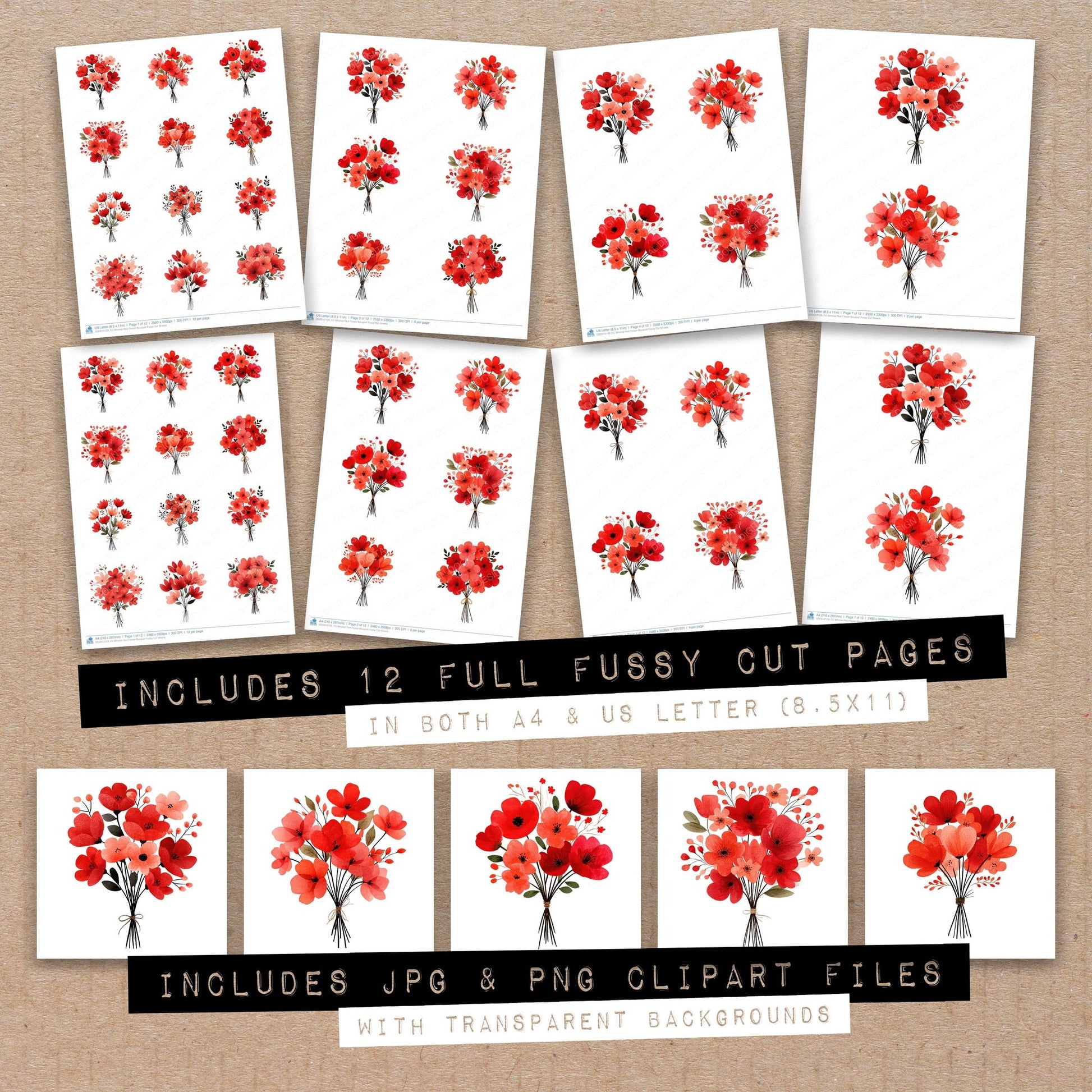Full collection view of Minimal Red Flower Bouquet fussy cut sheets with bonus clipart JPG and PNG files