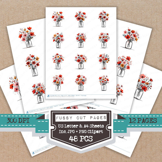 Minimal Rouge Wildflowers in Jar fussy cut printable sheets for junk journaling, scrapbooking, and paper craft projects